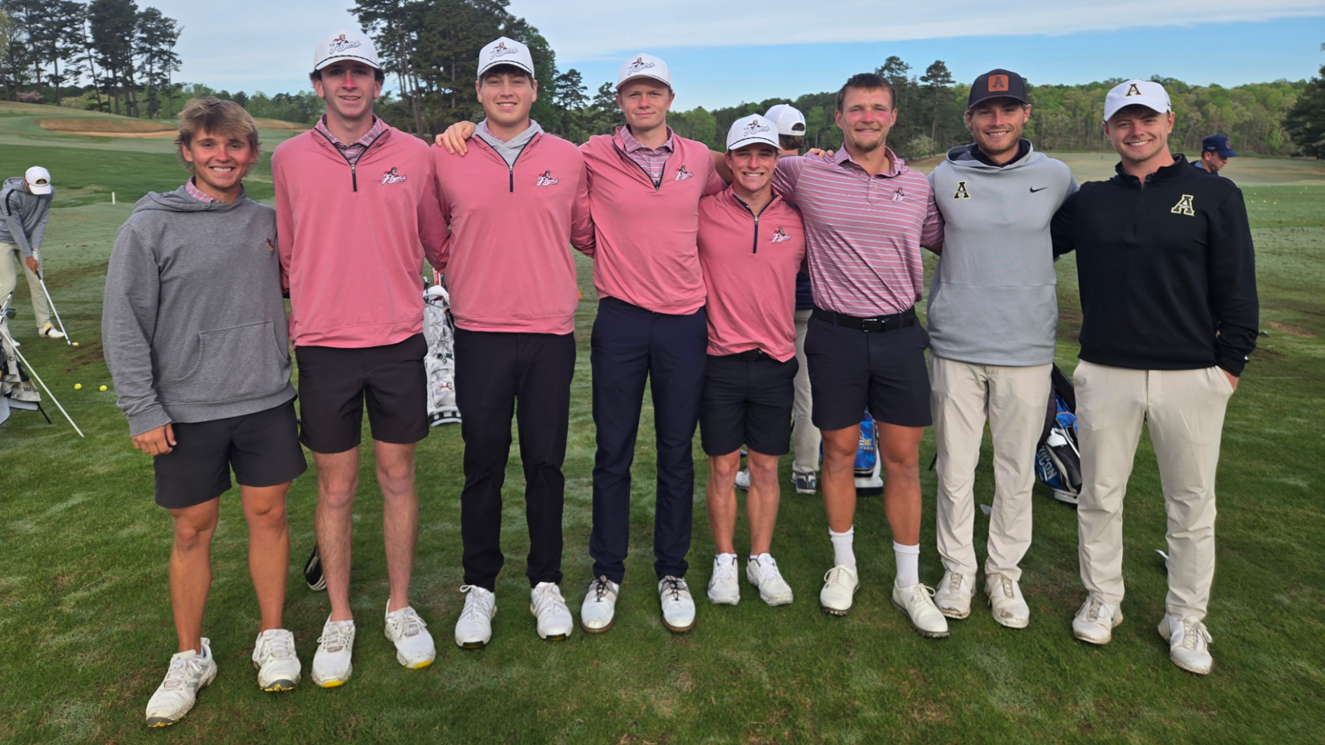 Current Flyers team at Irish Creek with Sandhills alumni and Current Appalachian State golfers Alex Martin and Ben Read.